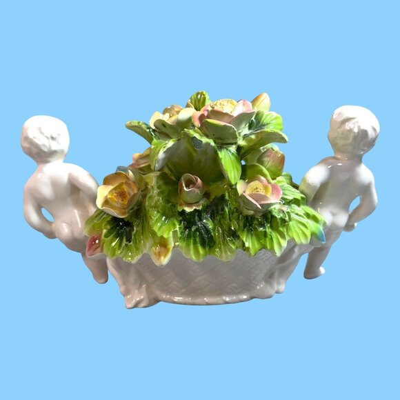 Kalk Jardiniere Planter Vase Roses & Flanked By Twin Cherubs Vintage Angels - Picture 3 of 9